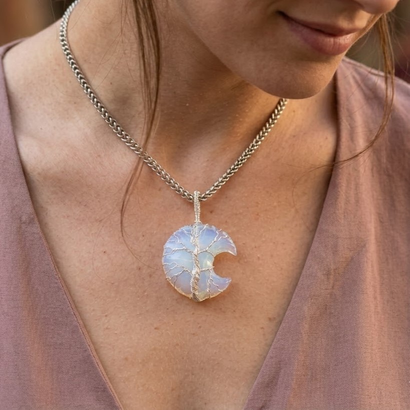 Opalite Crescent Necklace 40-45Ct | Tree of Life, Silver Wire Wrapped Pendant