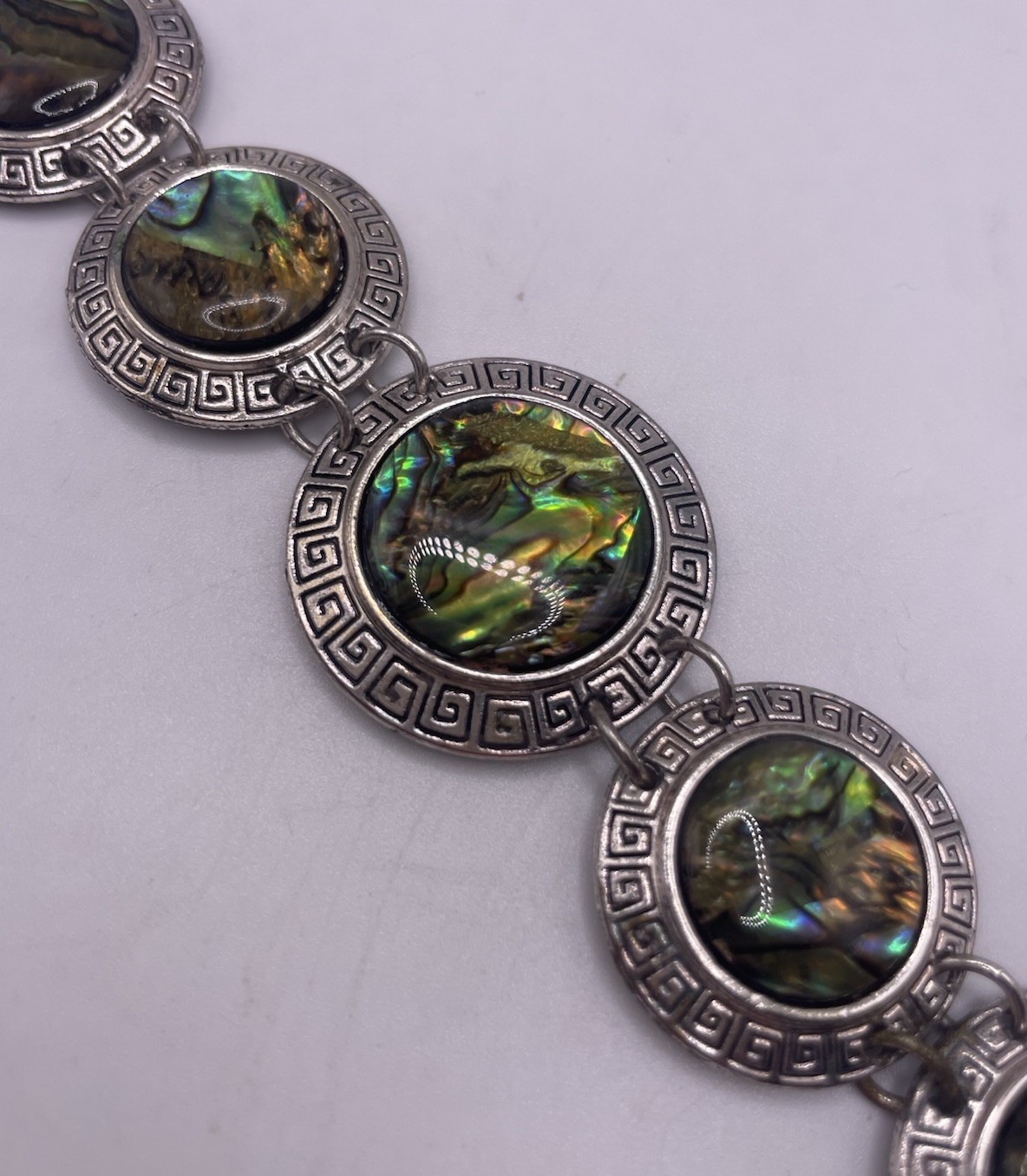 Vintage Silver Tone Abalone Shell Greek Key Link Bracelet Boho Hippie Jewelry 8”