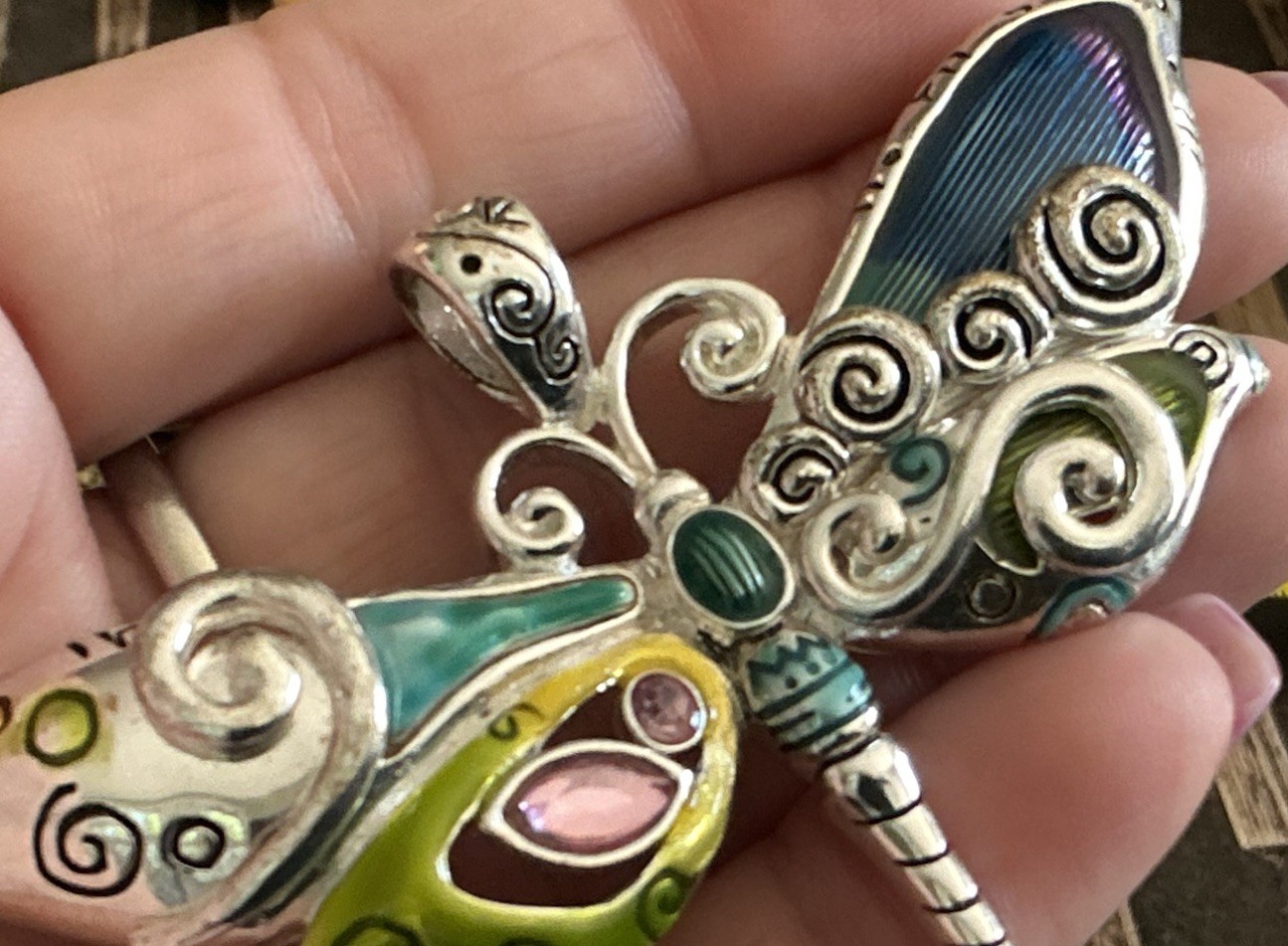 Large Colorful Enamel Dragonfly Pendant Rhinestone Silver Tone 3” 0.8 oz