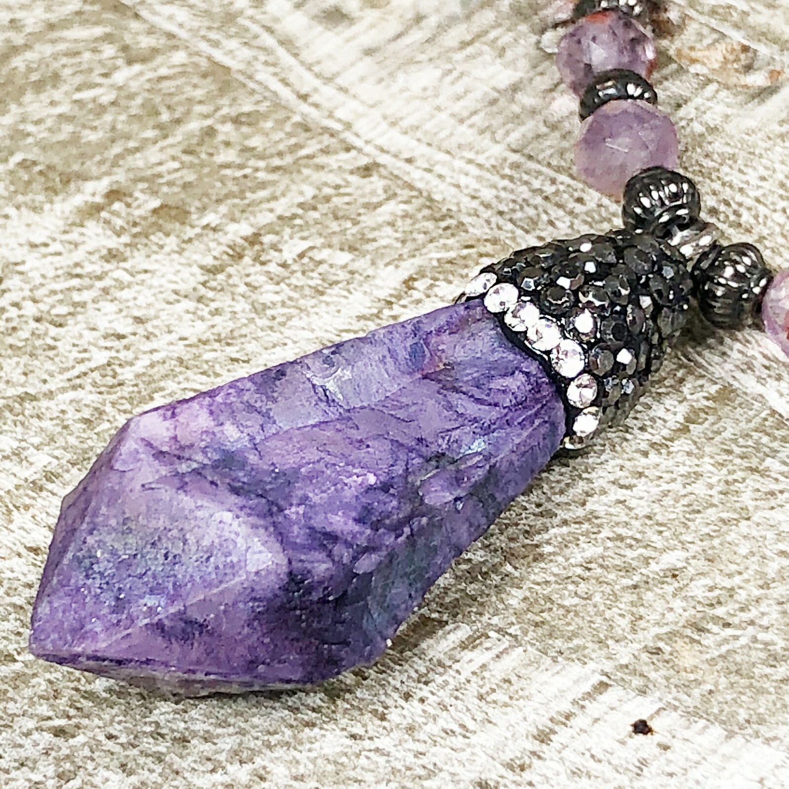 Purple Quartz Crystal with Rhinestone Bail and Faceted Phantom Quartz Beads