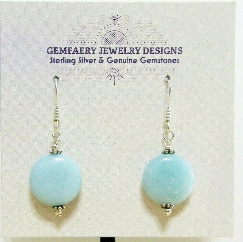 Sterling Silver Natural AMAZONITE Gemstone Disc Dangle Earrings…Handmade USA