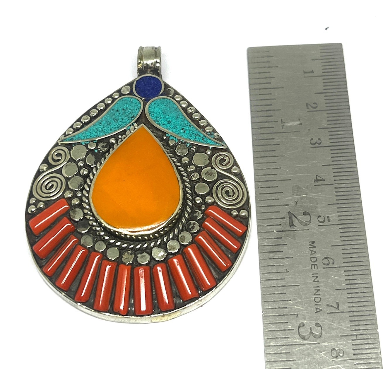 Antique Amber Coral Turquoise Gemstone Tibetan Style Pendant Jewelry, 2.9 inch
