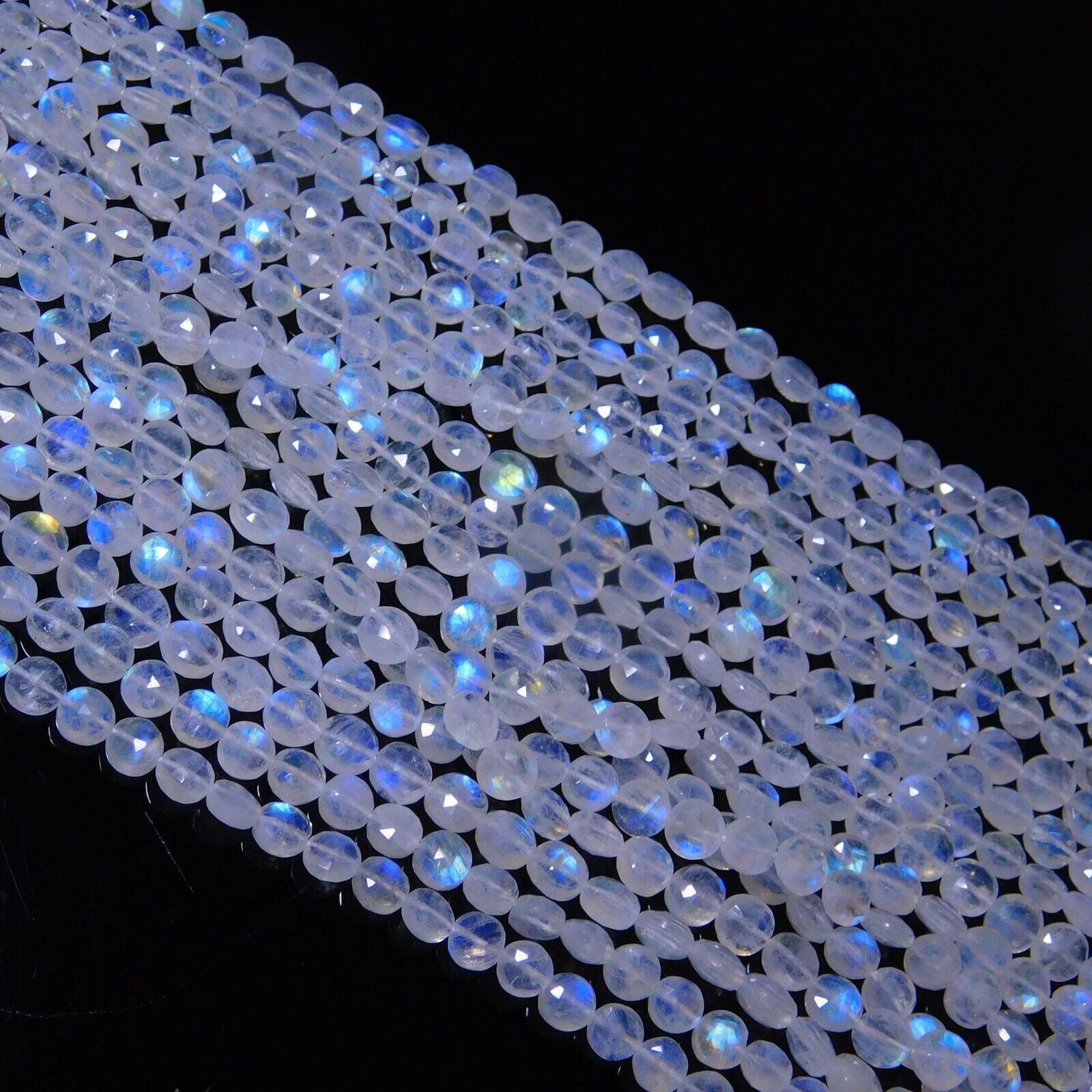 Natural Blue Fire Rainbow Moonstone Faceted Coin Shape Beads 13″ Strand