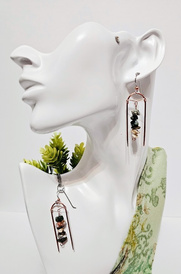 Handmade Ocean Jasper Chip Gemstone Earrings Copper Arch Boho Dangle