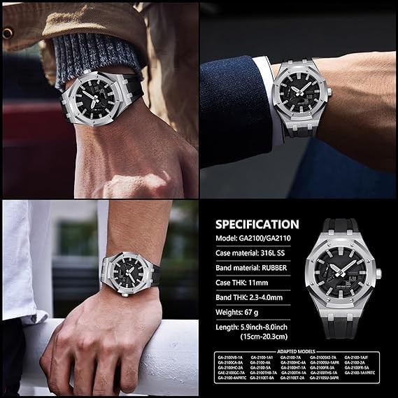 Case Band Mod Kit Bezel Crown Silicone Strap Silver Black GA-2100 GA-2110