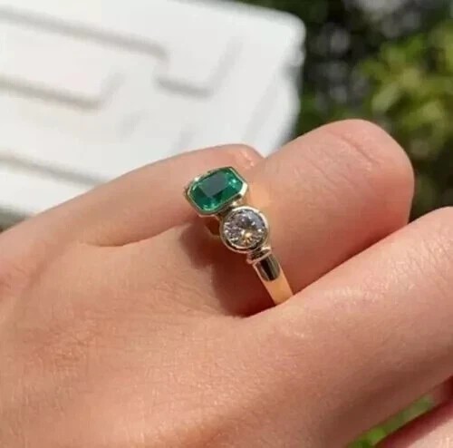 3Ctw Cushion Cut Created Emerald Three Stones Bezel Ring 14K Yellow Gold Plated
