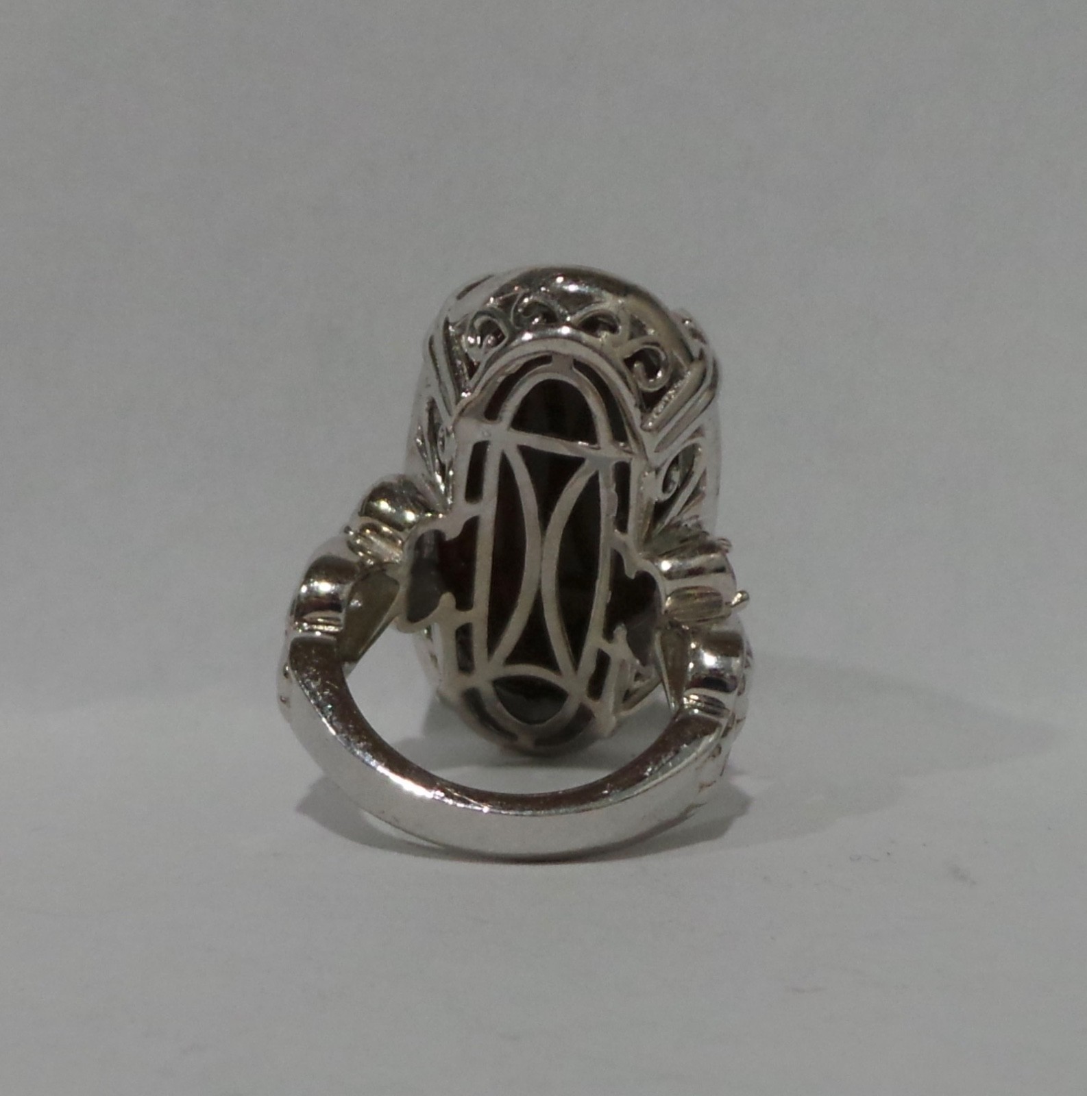 Signed STS Karis Cabochon Red Tiger Eye Ring Silver Tone Size 6 30x15mm