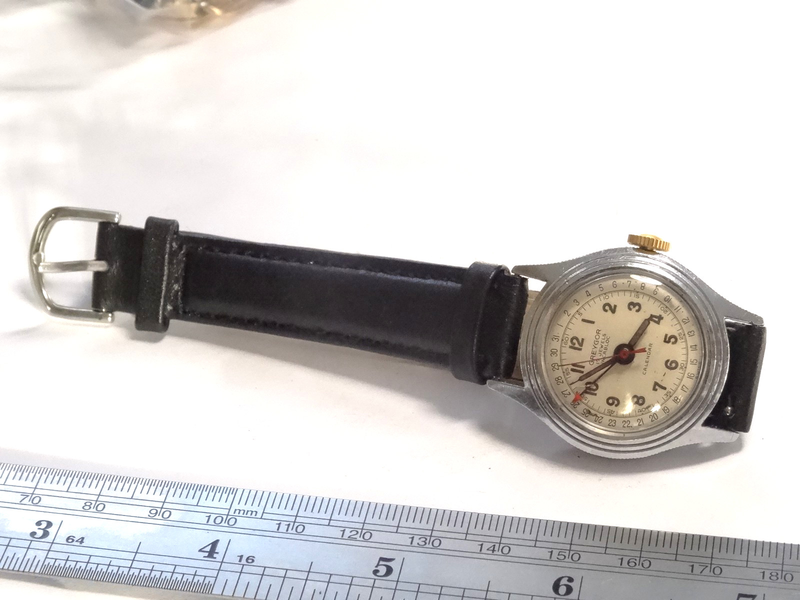 1950s Greygor Calendar 30mm 17J FHF28 Arrow Date Pointer Watch Stepped Case Runs