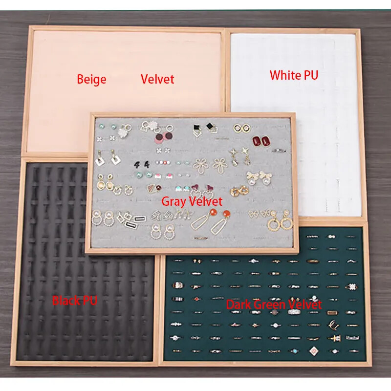 Bamboo 100 Grids Rings Tray Jewelry Showcase Storage Organizer Display Tray
