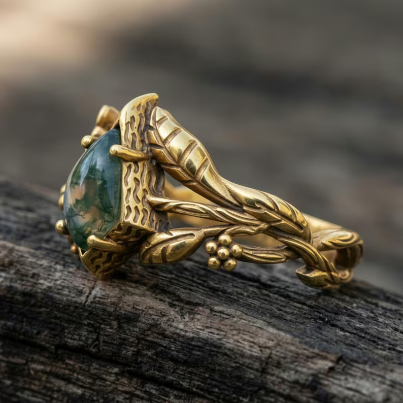 Kite Cut Moss Agate Floral Ring – Nature Inspired Gold or Silver Ring