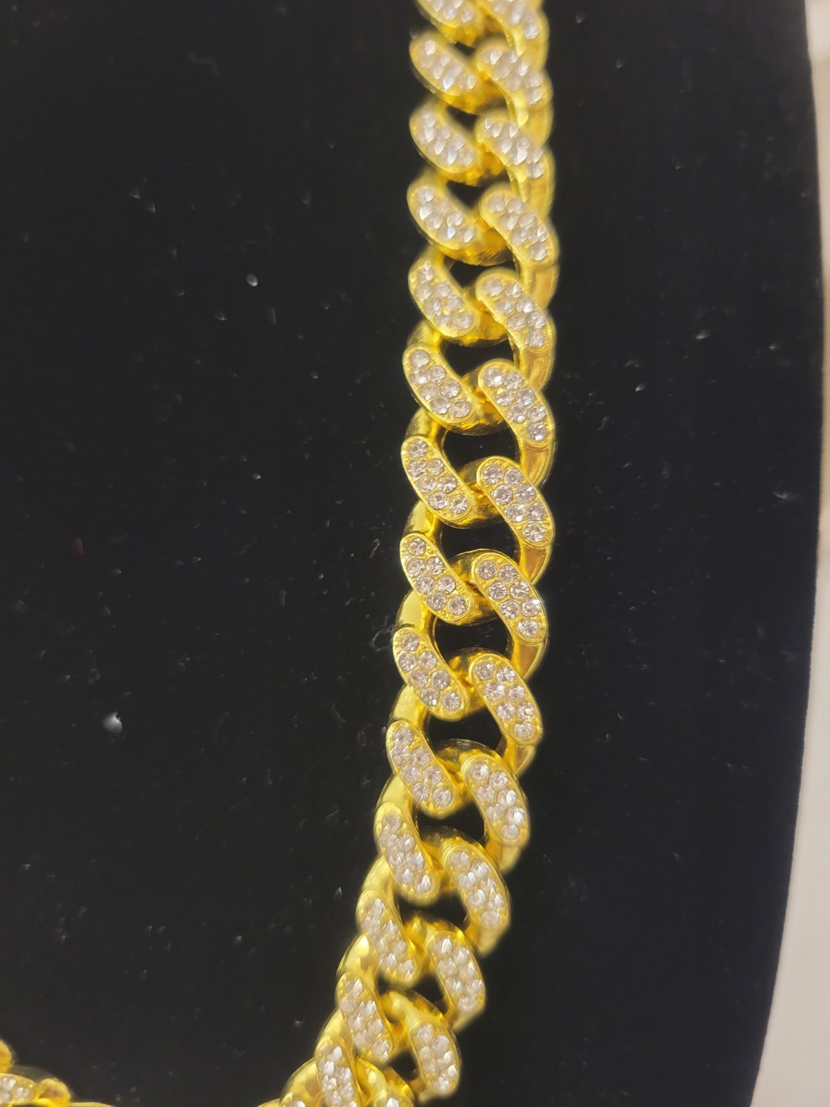 Gold Plated Iced Out Cuban Link Chain Necklace White Crystal Pavé Box Clasp