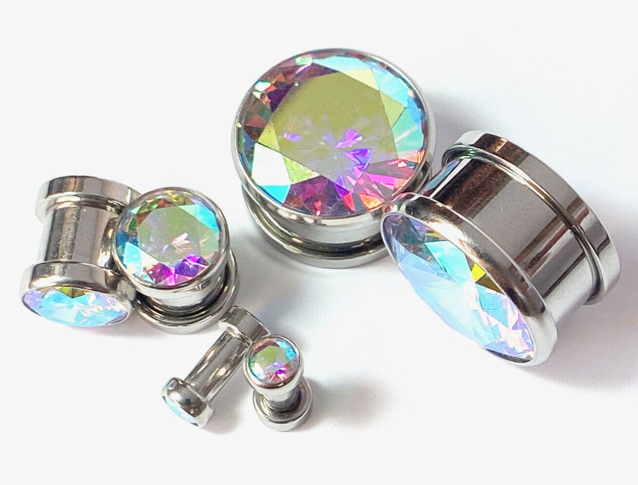 PAIR Large Aurora Borealis Gem Screw Fit Tunnel Plug Gauge Body Jewelry Piercing
