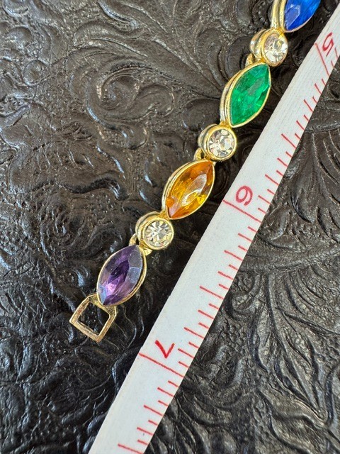 Vintage Gold Tone Rainbow Marquise Rhinestone Tennis Bracelet Purple Blue Green