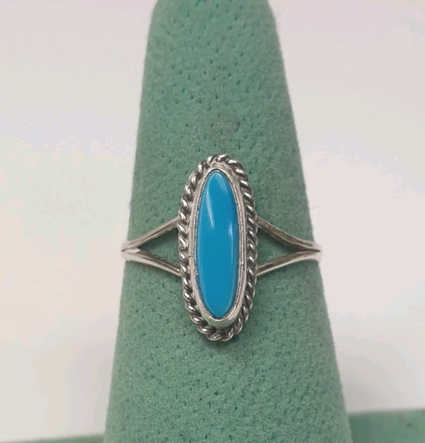 Elongated Sterling Silver Turquoise Native American Ring 7 7.5 8 8.5