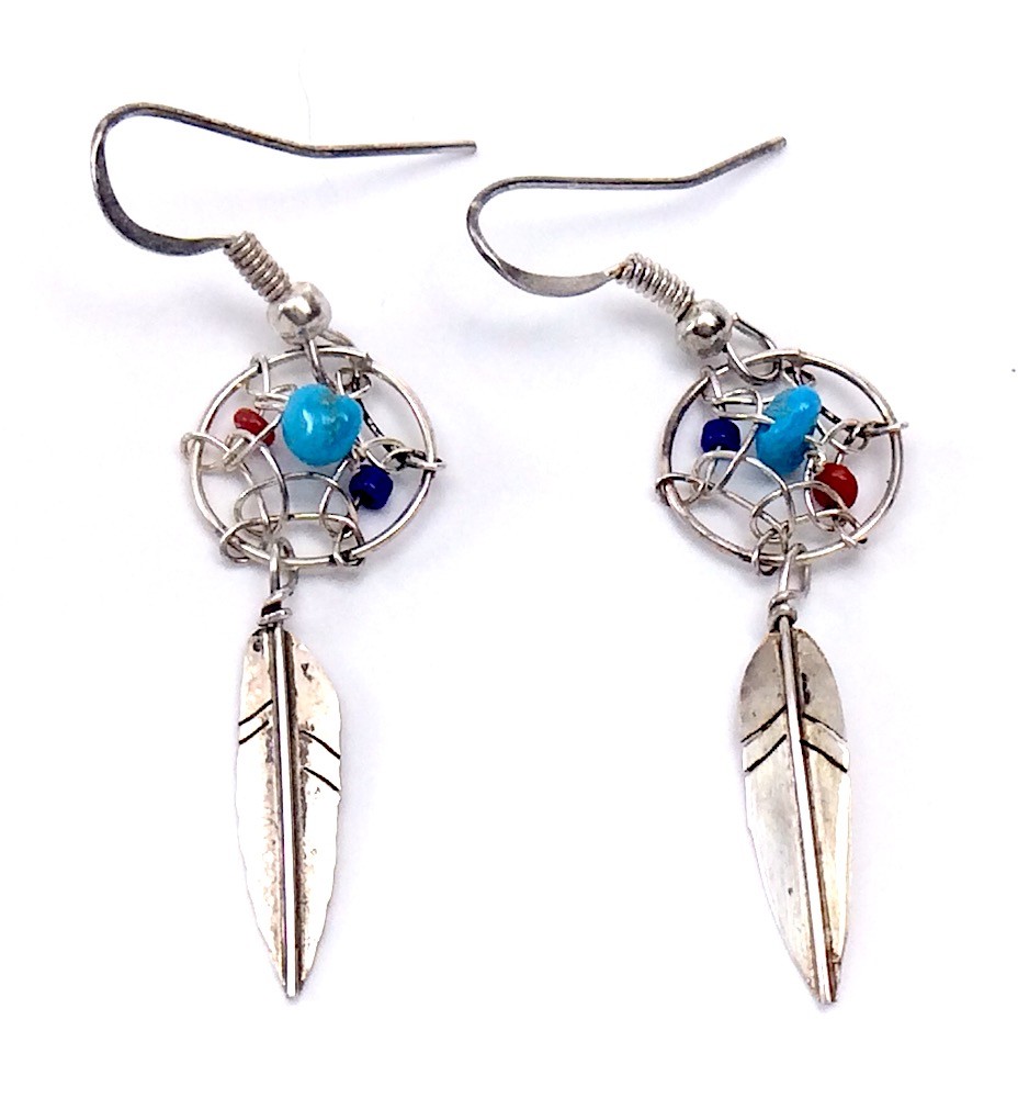 Women Navajo Sterling Silver Turquoise Dream Catcher Earring Set 1.6g 1.5in F983
