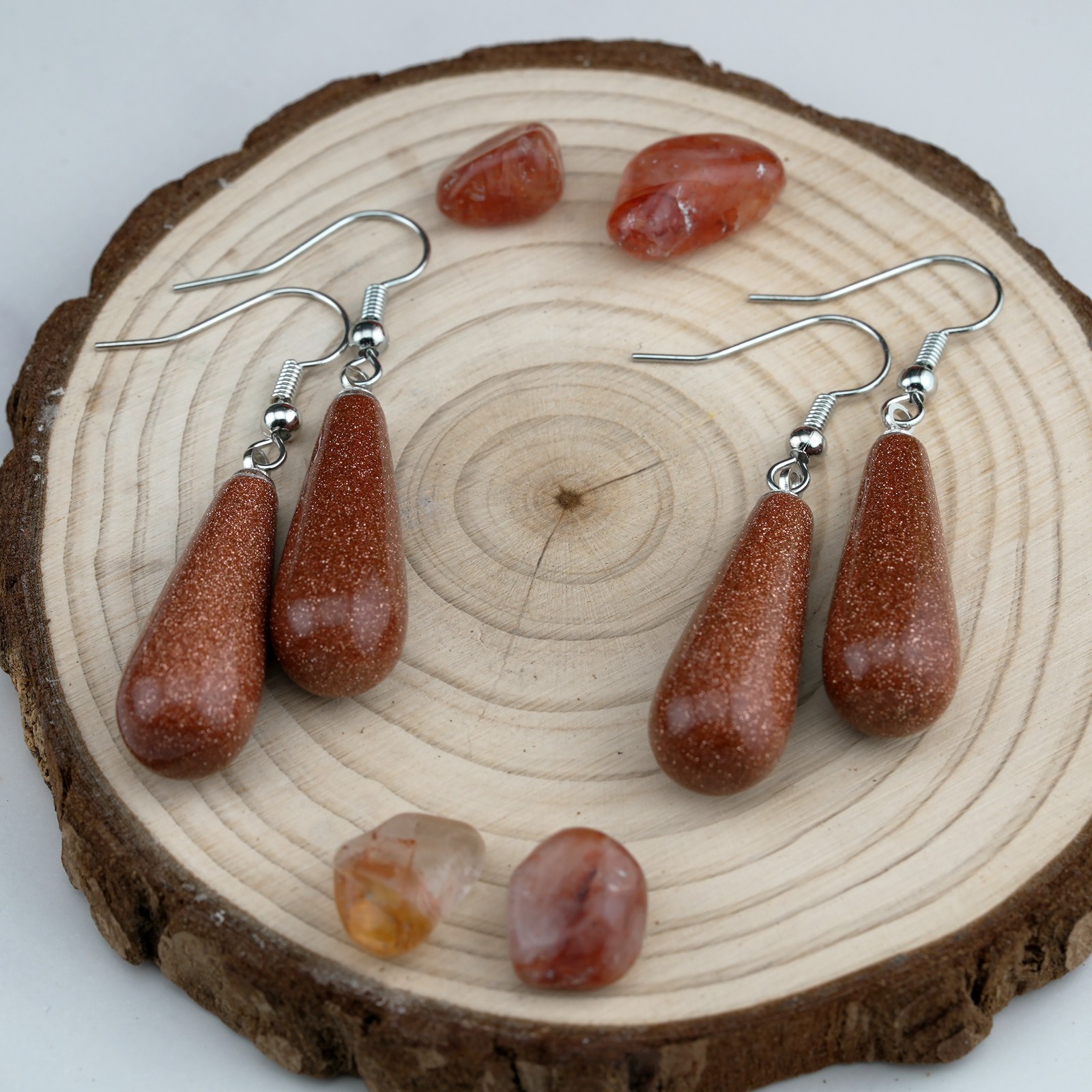 Gold Sandstone Goldstone Crystal Gemstone Teardrop Earrings Silver Jewelry Girls