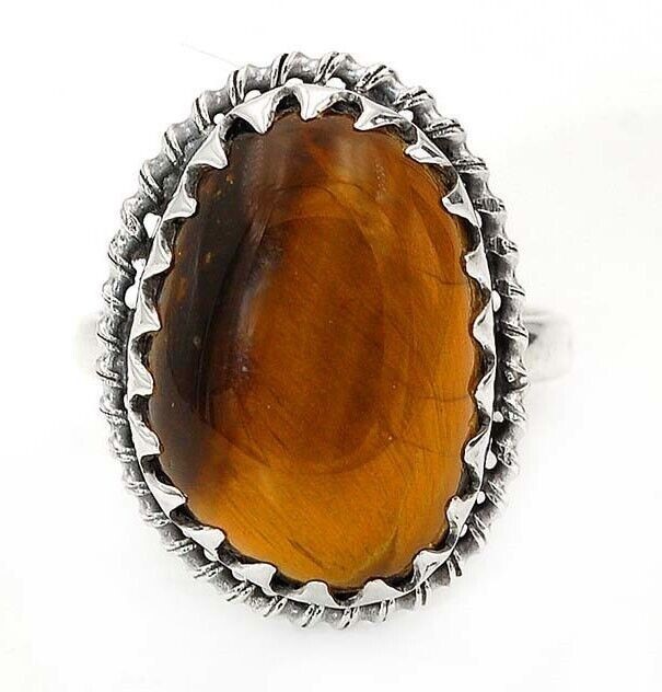 Natural Tiger Eye Africa 925 Solid Sterling Silver Ring Sz 8