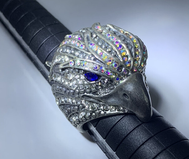 ST & Crystal Eagle Ring W/ Blue Sapphire Rhinestone Eyes, Aurora Borealis Crown