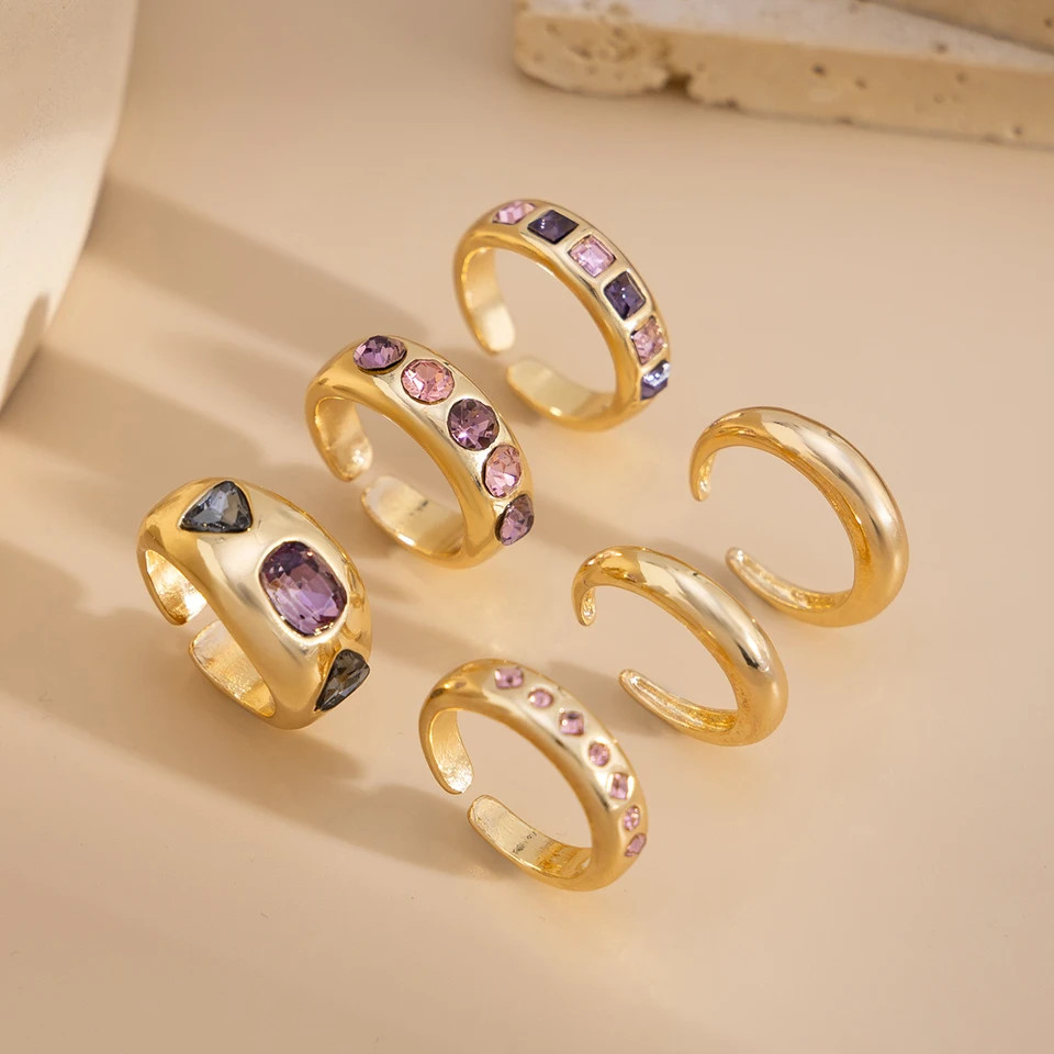 Purple Ring Set Simulated Zirconia Adjustable Open Band Womens Jewelry 6PCS