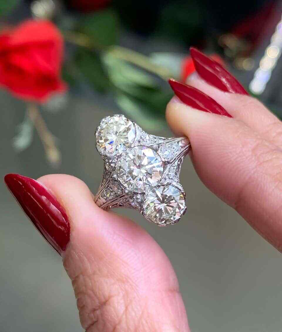 Spectacular Handmade 1920’s Vertical Three Stone Ring Featuring 3.52CT White CZ