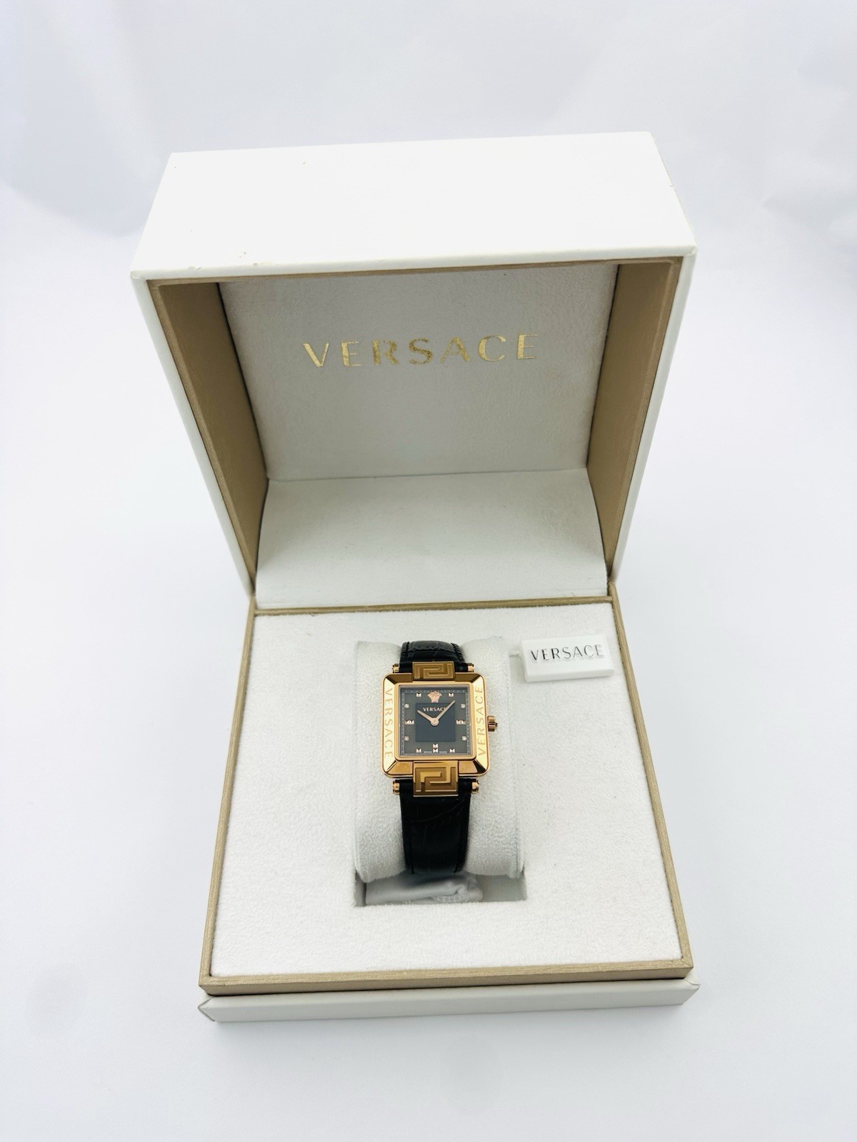 Versace Women’s 88Q80SD008S009 Rêve Carré Diamonds Black Leather Strap Watch 88Q