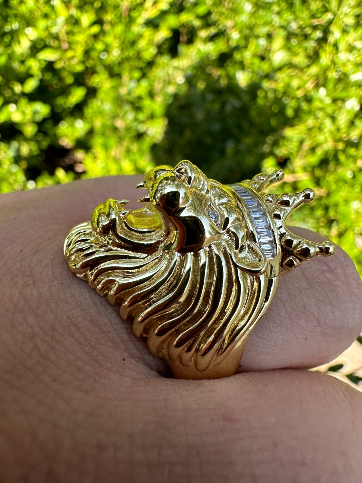 Lion W. Moissanite Baguette Crown 3D Mens Ring – 14k Gold Over Real 925 Silver