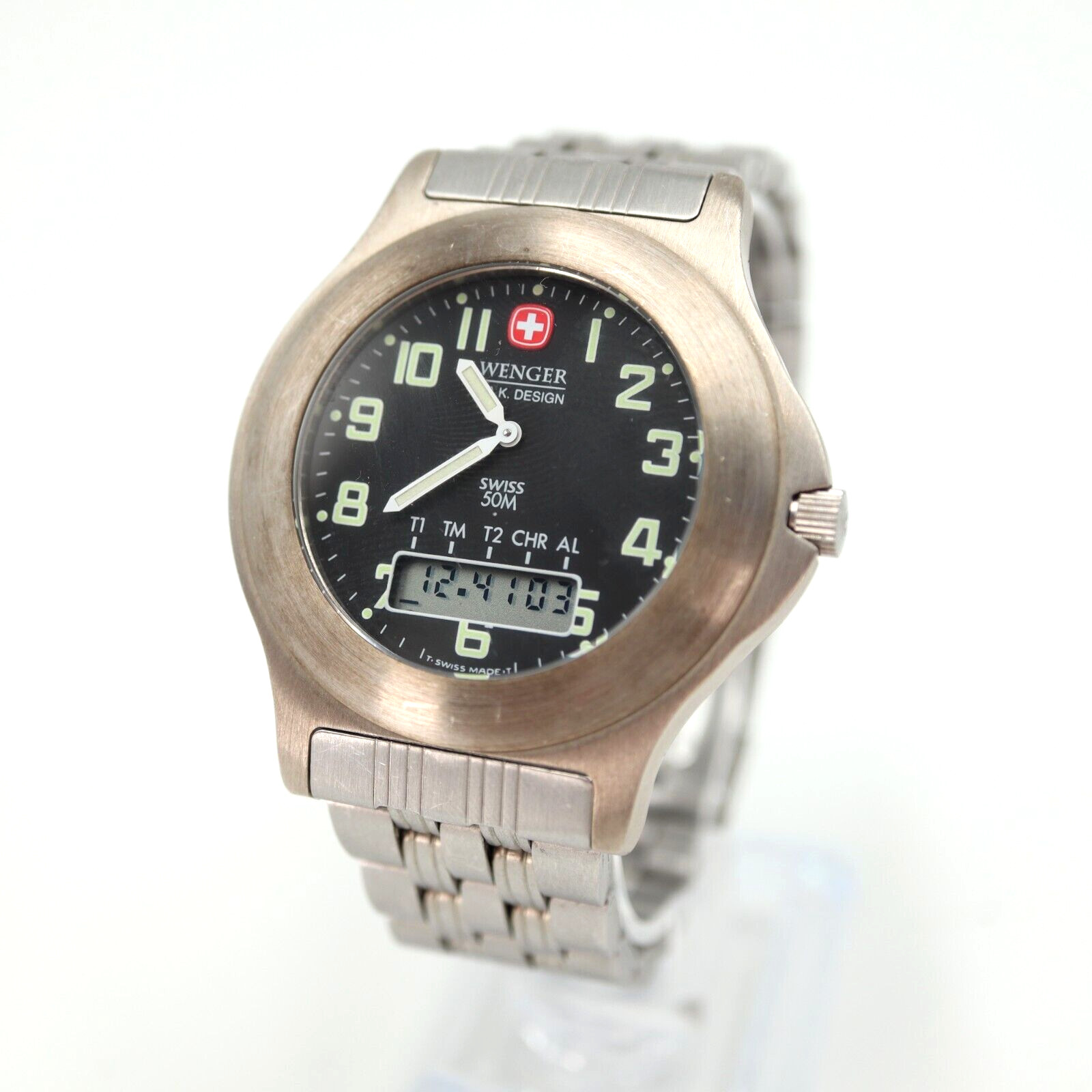 Vintage Wenger Silver Tone 40mm Ana Digi Watch Analog Digital Black New Battery