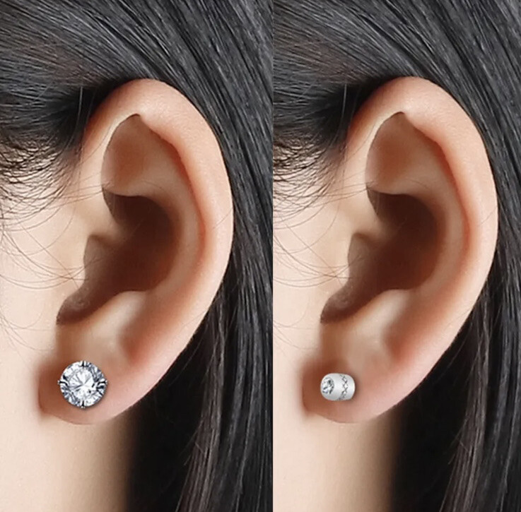2PCS Silver Stainless Steel Round CZ Earrings Screw Back Ear Stud for Men Women