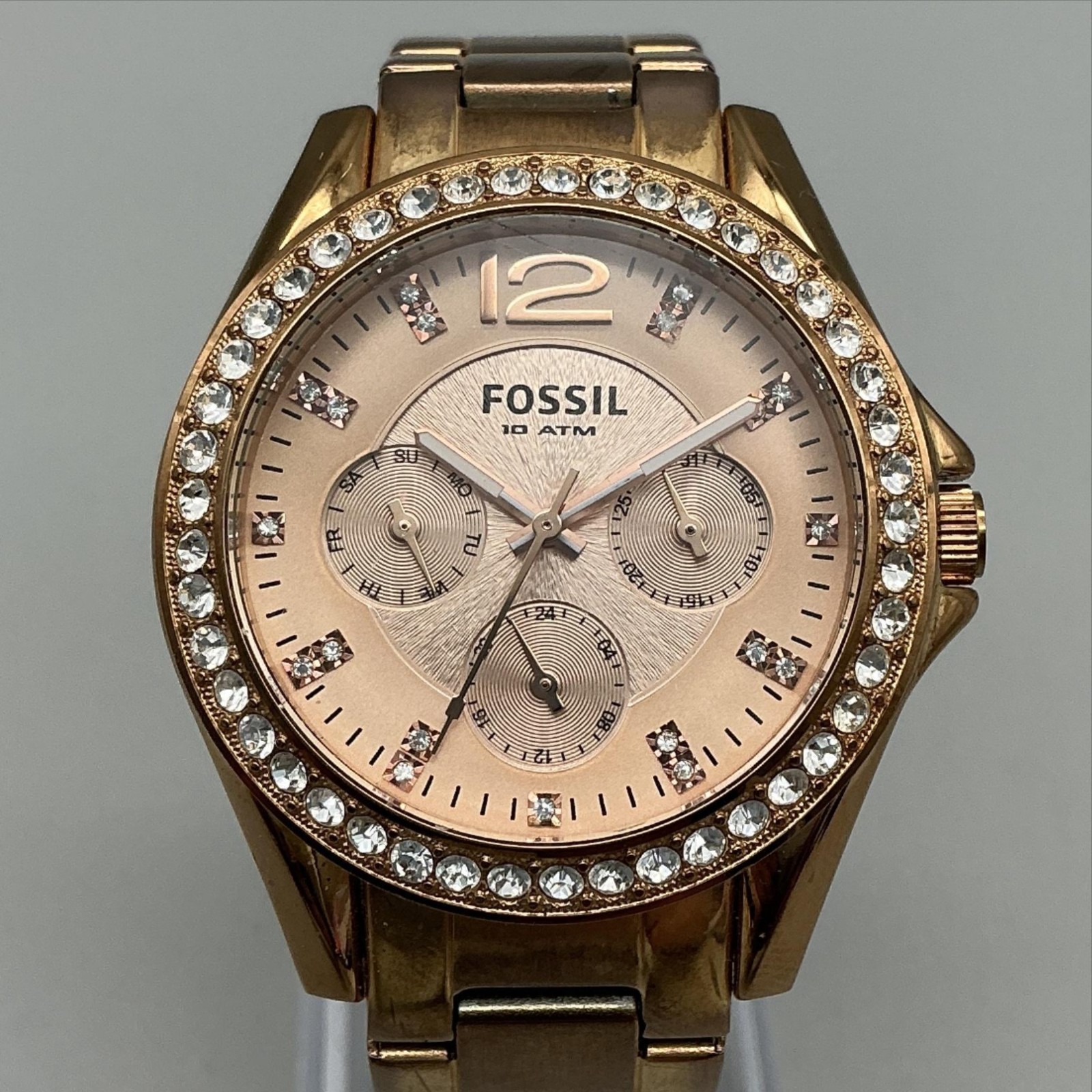 Fossil Riley ES2811 Womens Watch 38mm Rose Gold Tone Crystals New Battery 6.75″