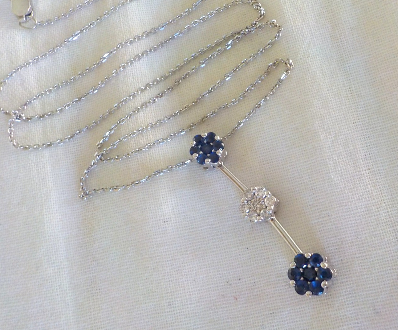 14K White Gold Bar Blue Sapphire Diamond Necklace – 4.0 gms, 18 in, 0.40 ctw