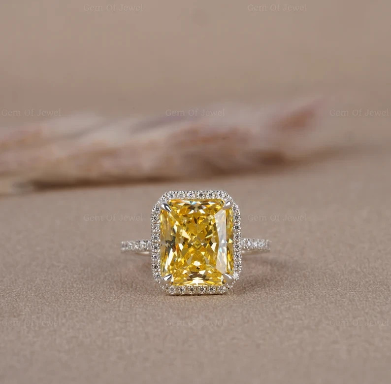 4.38 Ct Emerald Cut Yellow Sapphire Diamond Wedding Ring 14K White Gold Size 7.5