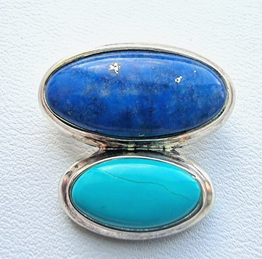 925 STERLING SILVER OVAL 20×19 mm. LAPIS AND OVAL 14×7 mm. TURQUOISE NECKLACE
