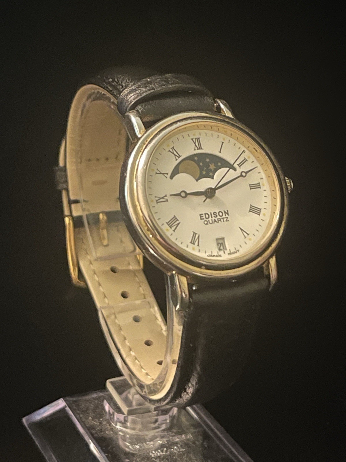 Vintage Edison Quartz Moon Phase Date Dress Watch Roman Dial Japan Movement Runs