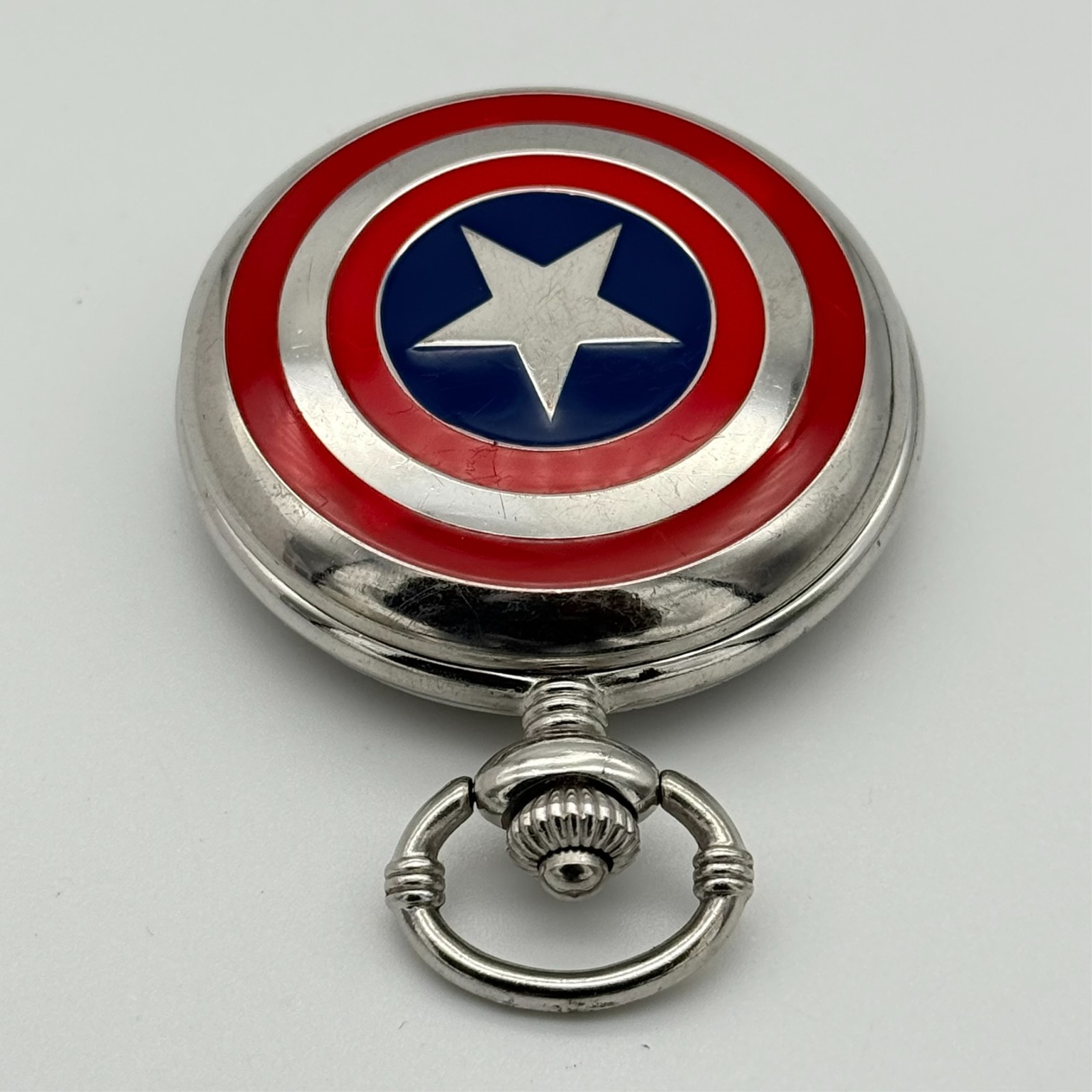MARVEL Avengers Captain America Shield & Logo Silver Tone Pocket Watch, Red/Blue