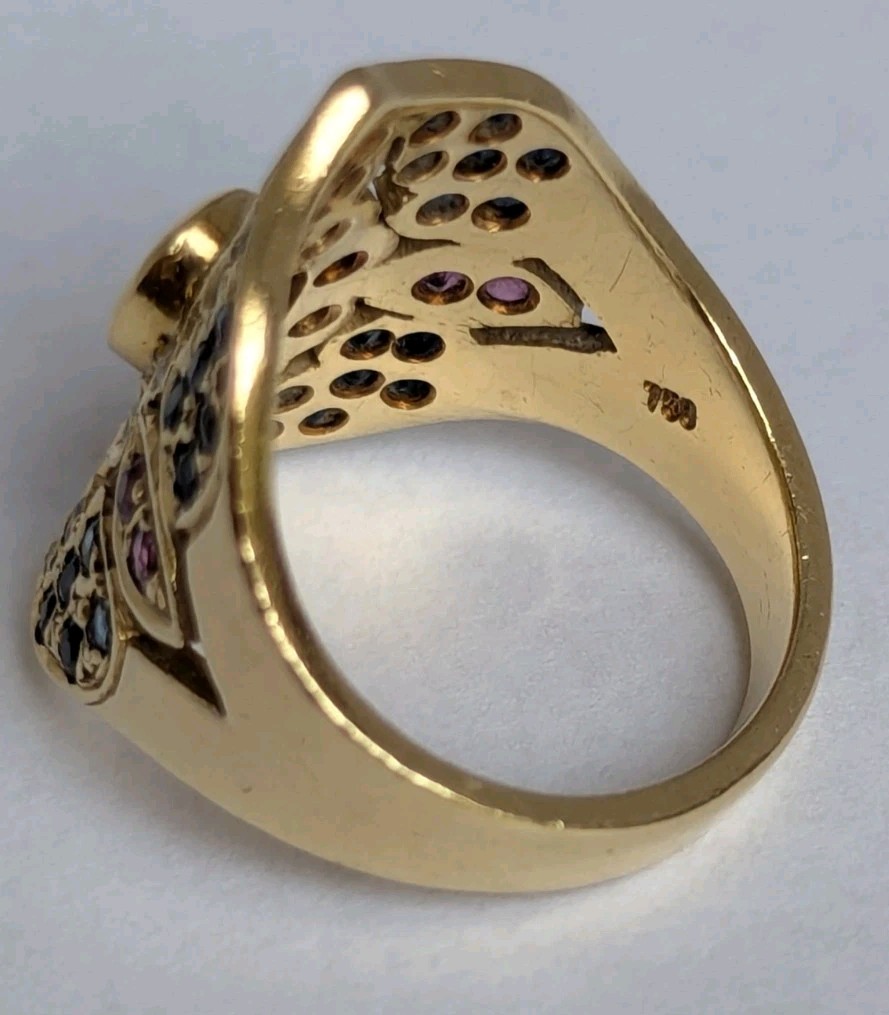Vintage 18K Yellow Gold Multi-Gemstone Byzantine Etruscan Shield Ring 10.8g