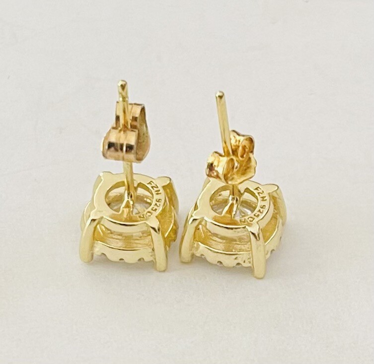 Fuzion Creations FZN Sterling Silver Yellow Gold Halo CZ Stud Earrings
