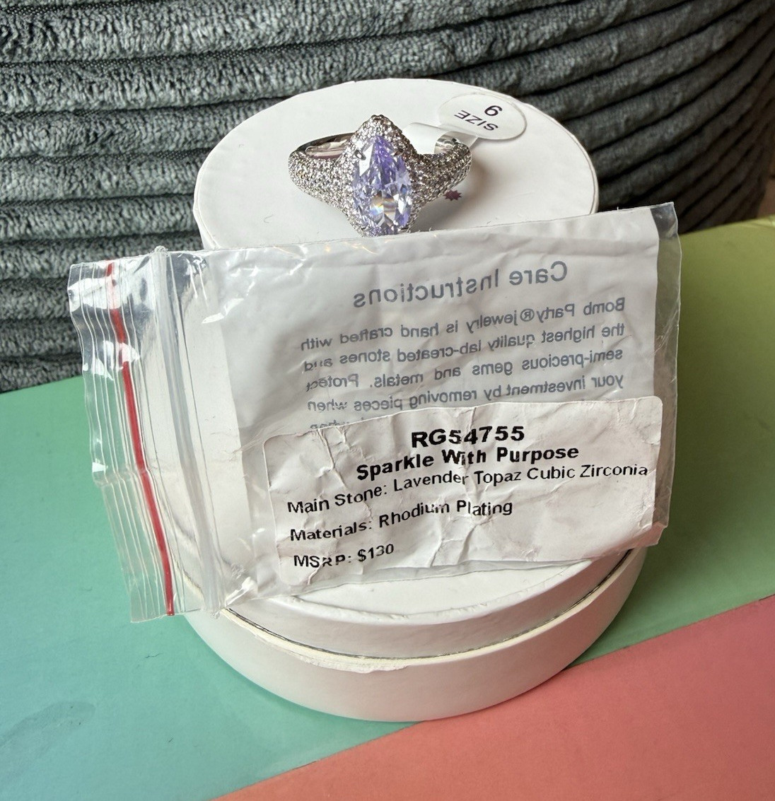 BP OG Ring Size 9 “Sparkle with Purpose” Lavender Topaz CZ Rhodium Plating