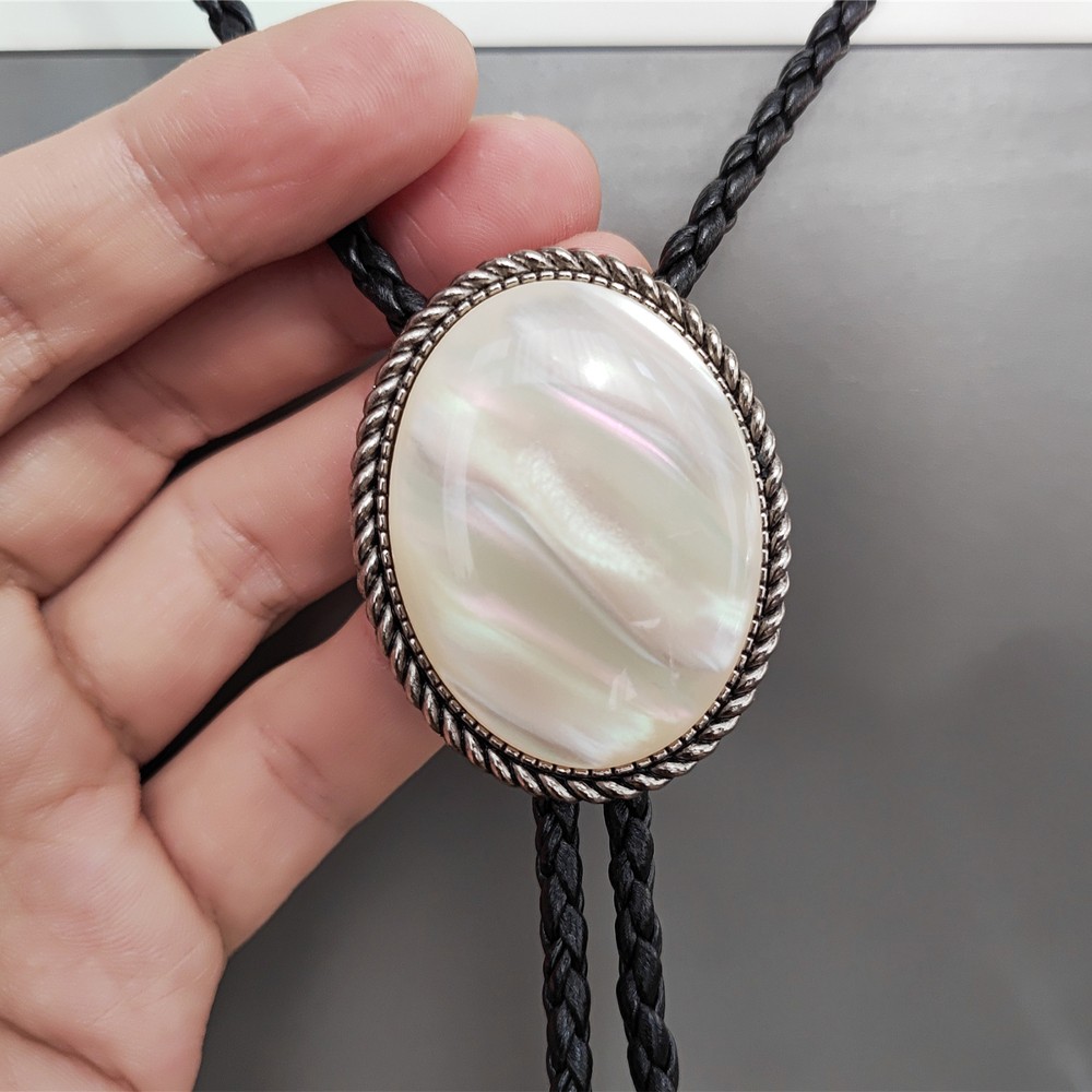 Mother of Pearl Mens Bola Bolo Tie Wedding Necklace Western Cowboy PU Leather