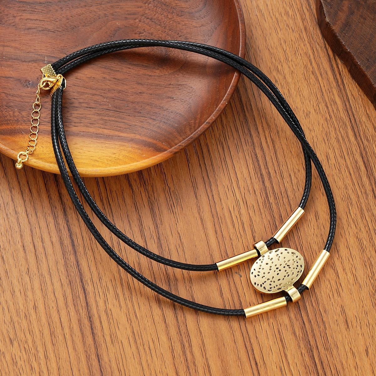 Vintage Oval Faux Leather Necklace Bracelet Set Women Gold Silver 2pc Jewelry
