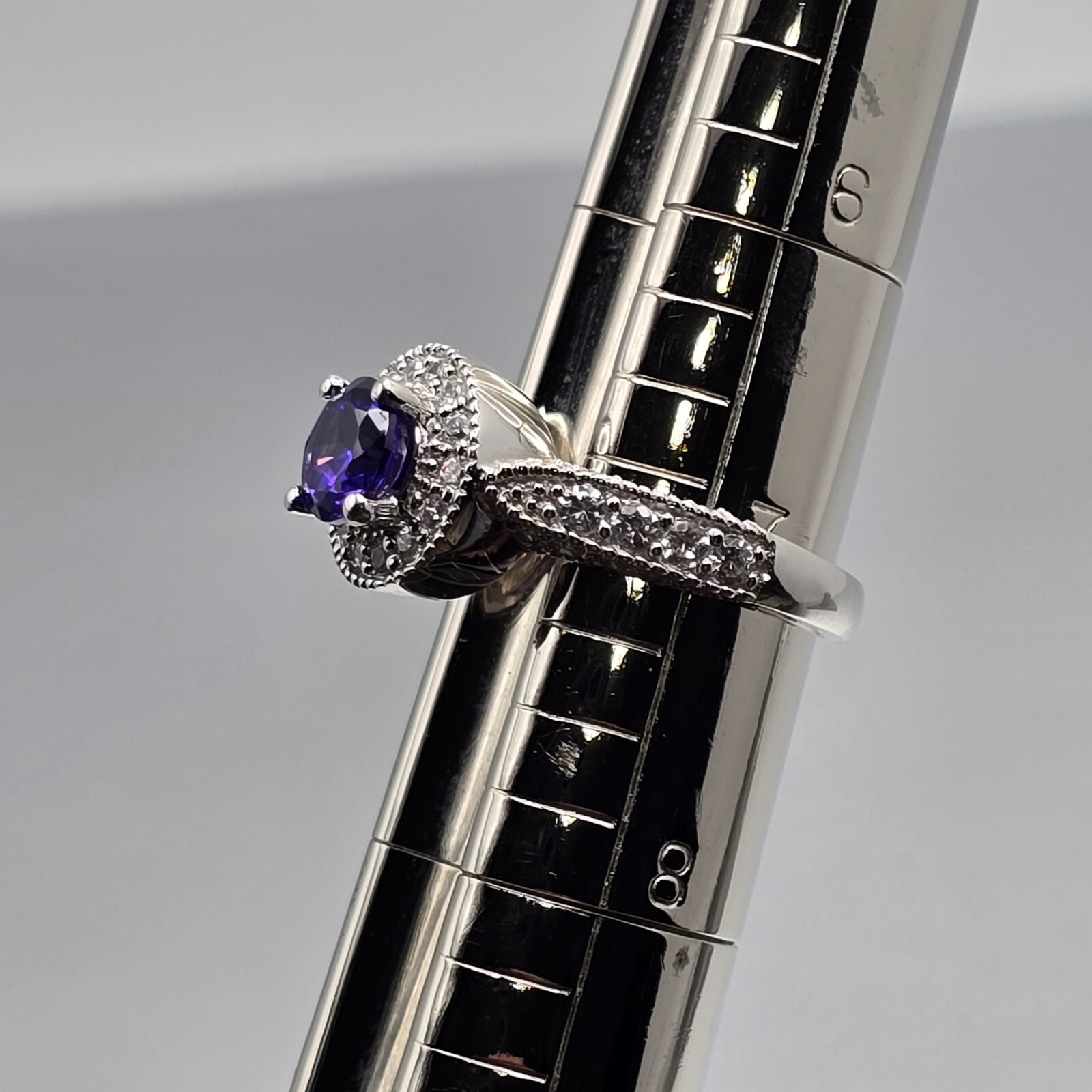 6.5mm Round Cut Amethyst & Pavé Set Sterling Silver Cocktail Ring – Size 7.0