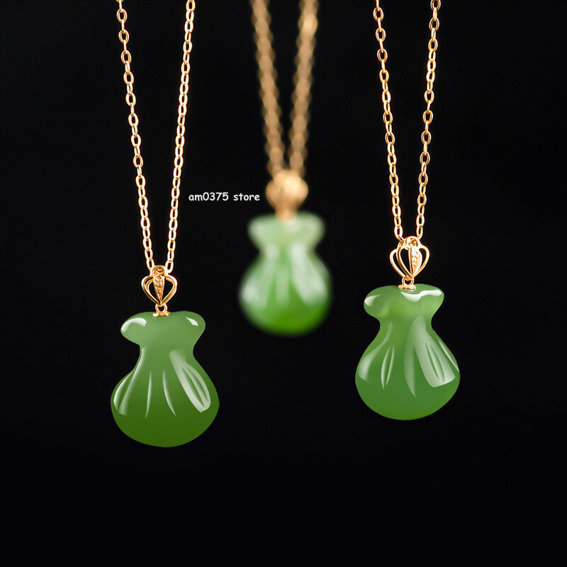 Real 18k Yellow Gold Natural Jasper Sapphire Jadeite Money Fu Bag Pendant Chain