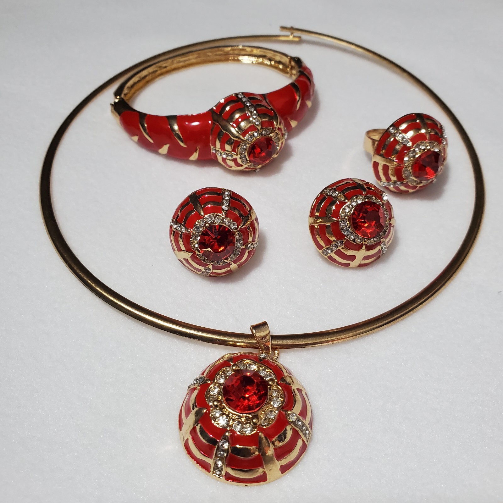 Red & Gold 4 Piece Choker Jewelry Set W/Yag Diamonds Glossy Elegant