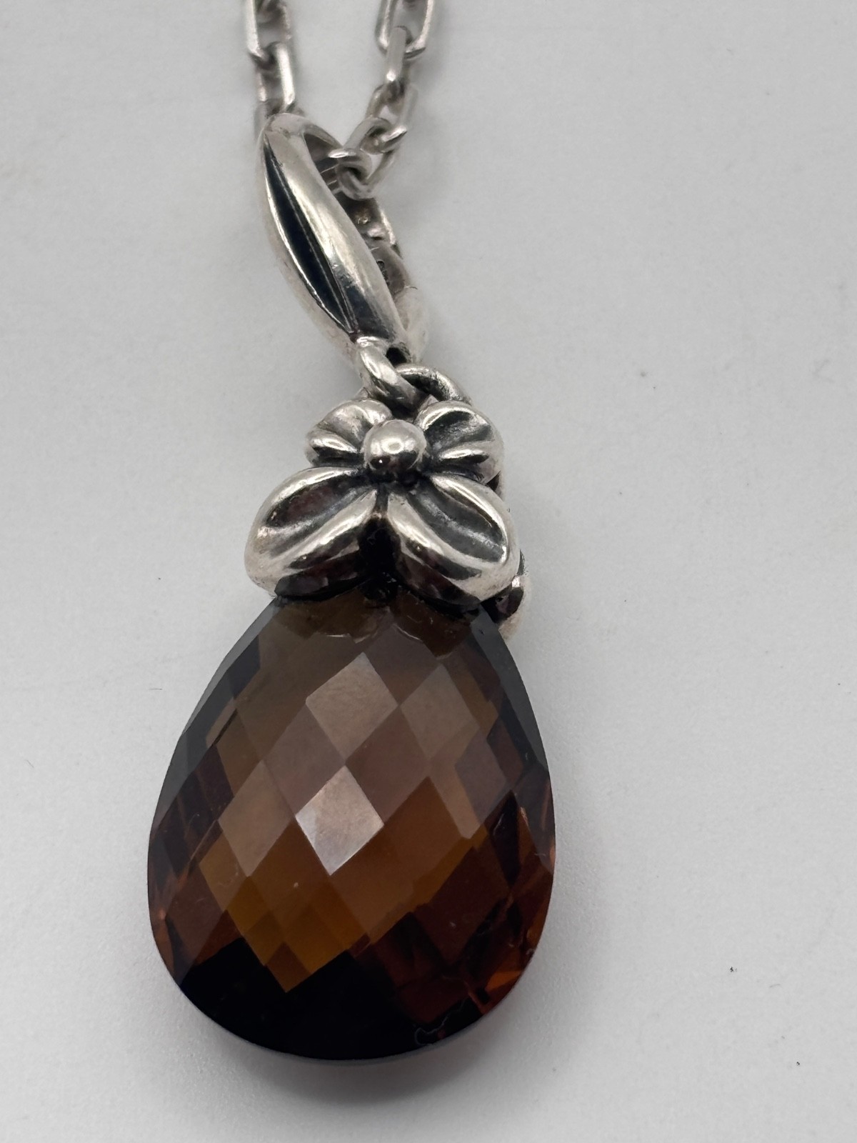 Ann King Pendant Necklace Sterling Silver Smoky Quartz Floral Faceted Enhancer