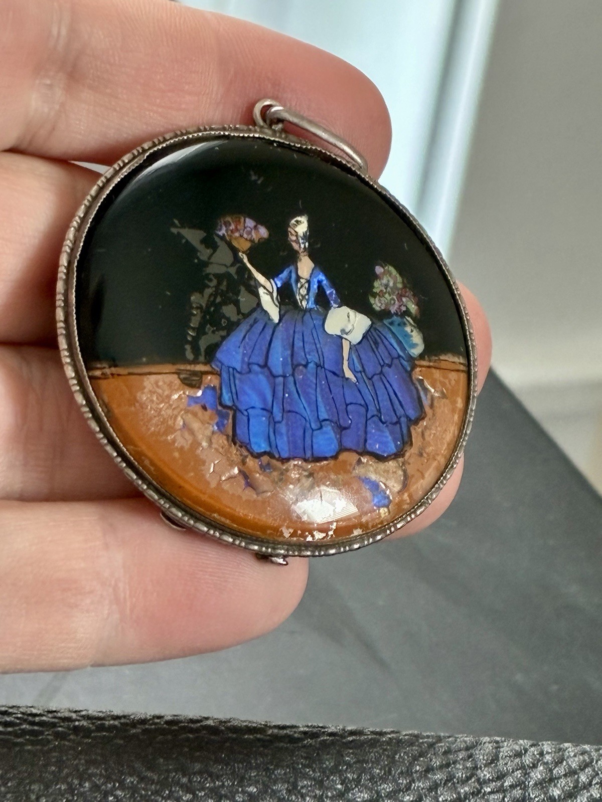 RARE Sterling Very Large & Early TLM Butterfly Wing Pendant Compact Crinoline