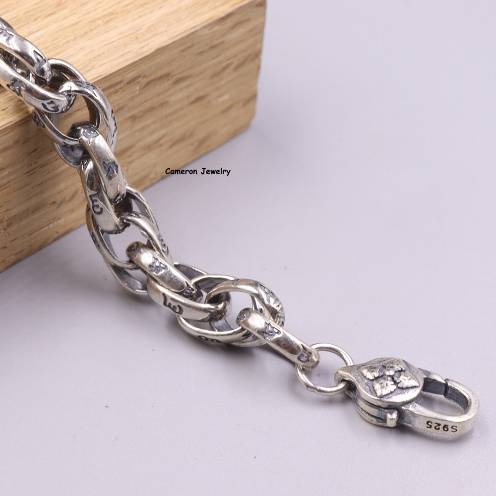 Pure S925 Sterling Silver Chain 9mm Six Words Toggle Link Bracelet 28-29g 8.26in