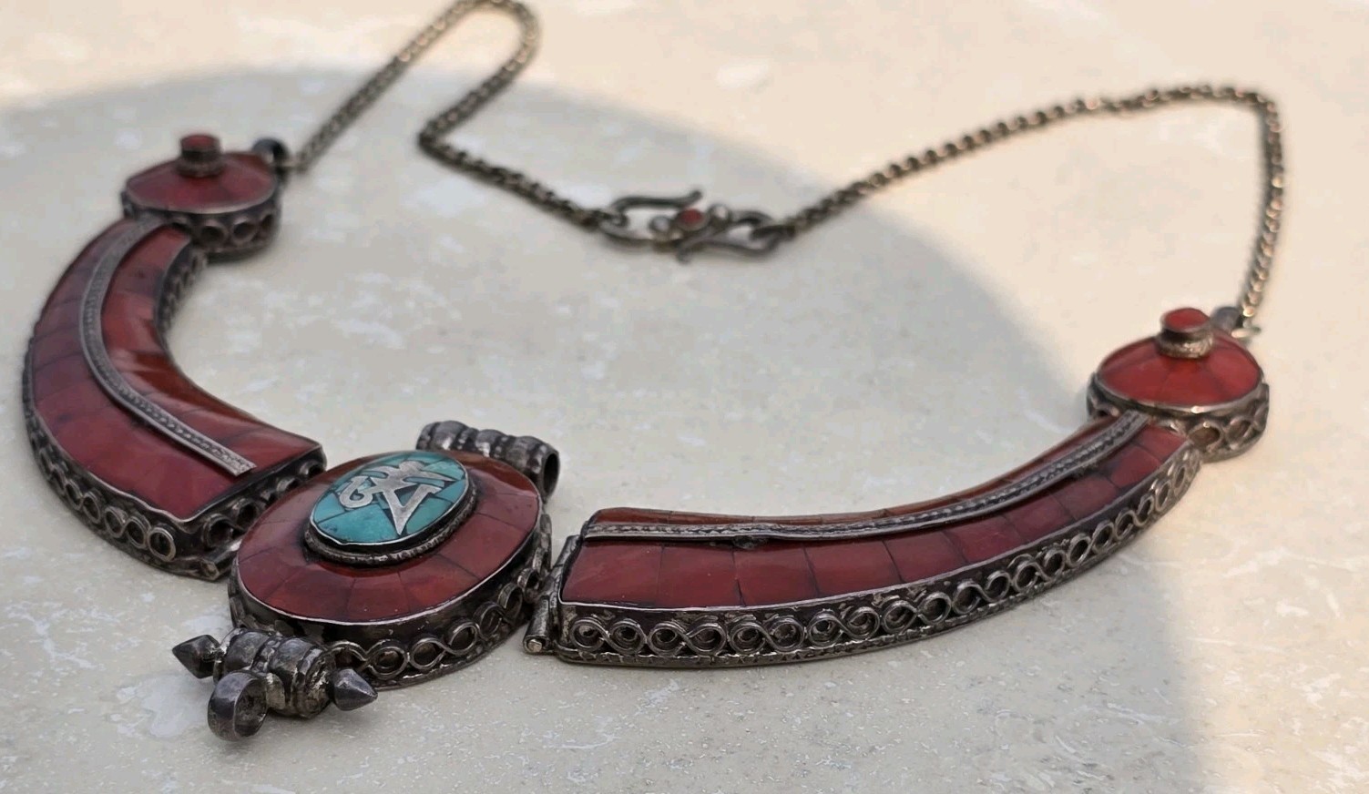 AUTHENTIC TIBETAN SILVER GARUDA COLLAR NECKLACE TURQUOISE CORAL BIB 107G 21.8 IN