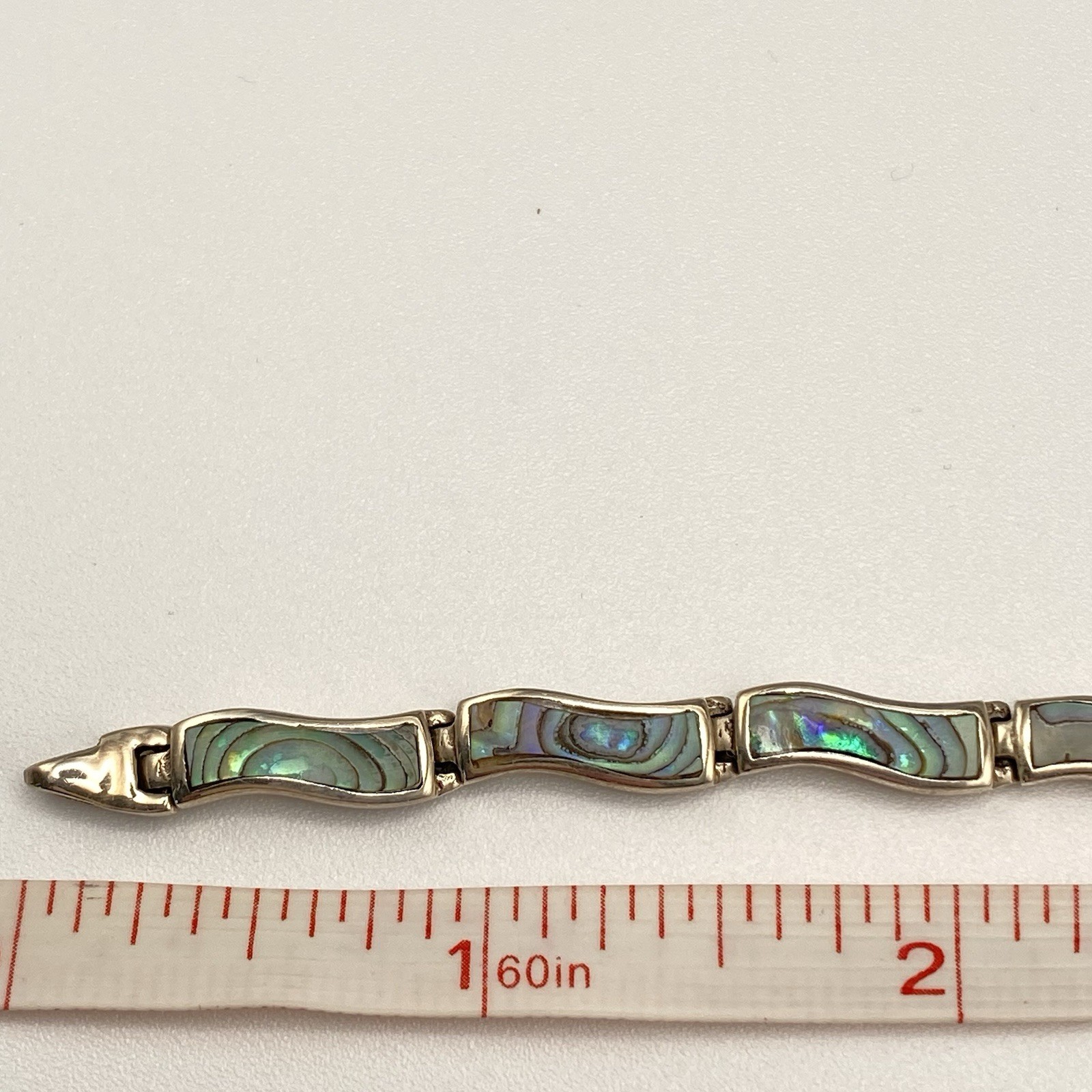 925 Sterling Silver Bracelet Blue Green Abalone Shell Inlay Wavy Link Vtg 7.25”