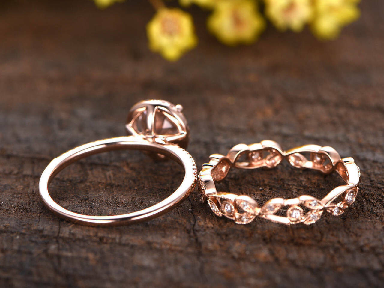 4.00Ct Round Cut Morganite Bridal Set Halo Engagement Ring 14K Rose Gold Finish