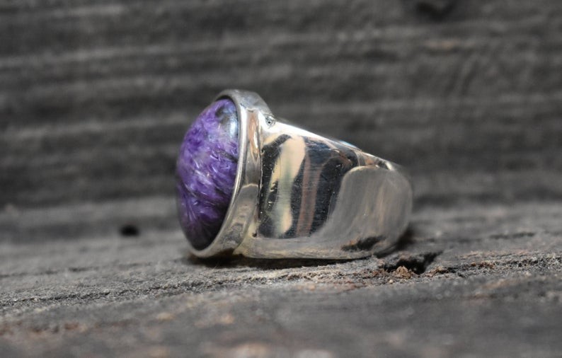 Solid 925 Sterling Silver Natural Purple Charoite Gemstone Men’s Unisex BandRing