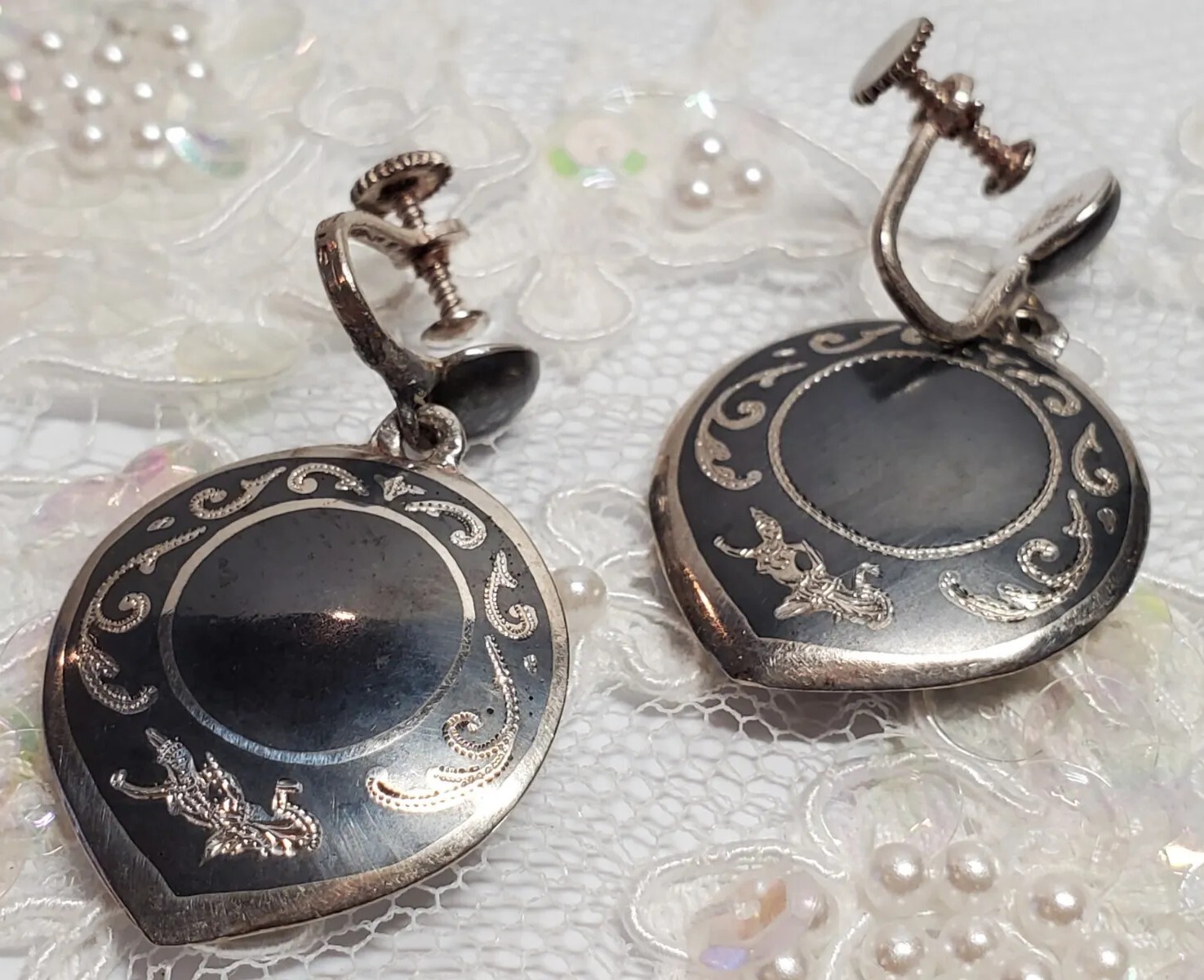 Vintage SIAM Sterling Silver Black Enamel Nielloware Non Pierced Earrings 11.5gr